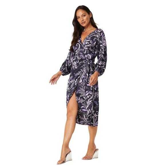 NWT Misa Los Angeles Women's Sylvia Floral Wrap Midi Dress Sz Small Indigo Vines - Picture 1 of 9